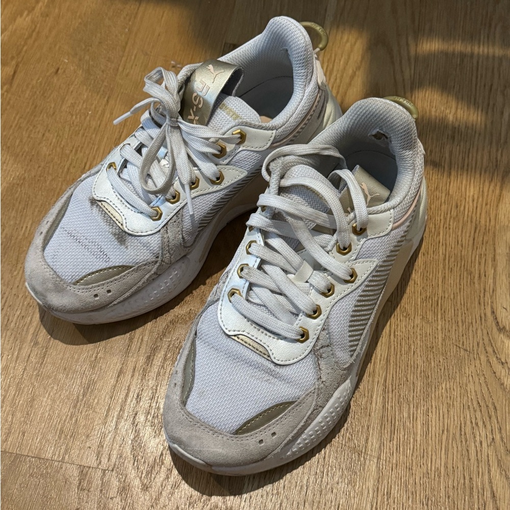 Puma RS-X trainers in white and cream/gold. US7.5